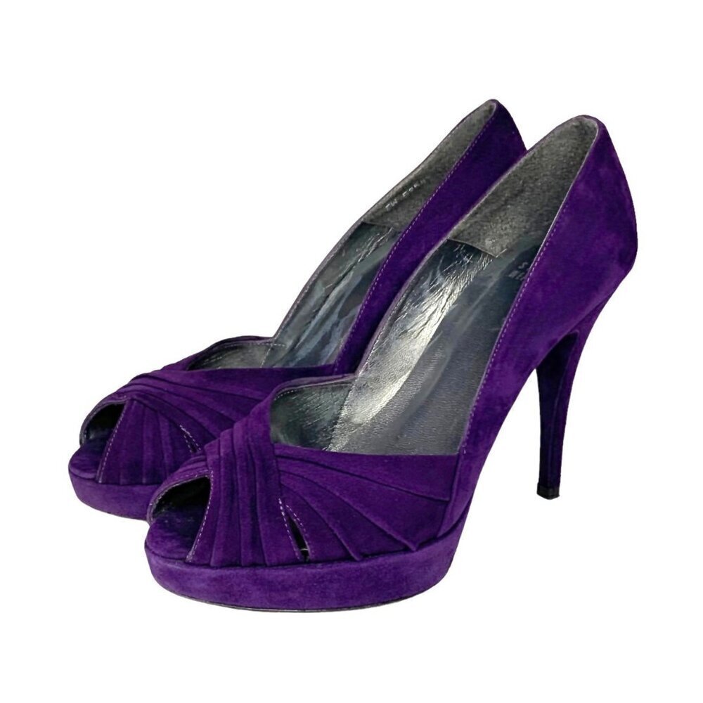 Stuart Weitzman Purple Suede Peep-Toe Heels - Picture 2 of 15